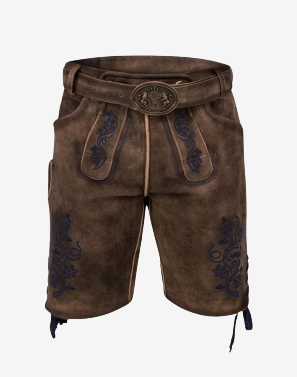 Folk Fest Lederhosen for Men brown suede leather shorts with blue embroidery panels, traditional front bib, and buckle belt closure