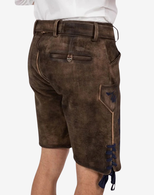 Folk Fest Lederhosen for Men rear angle view with back pocket detail, contrast stitching, and side lace-up hem ties