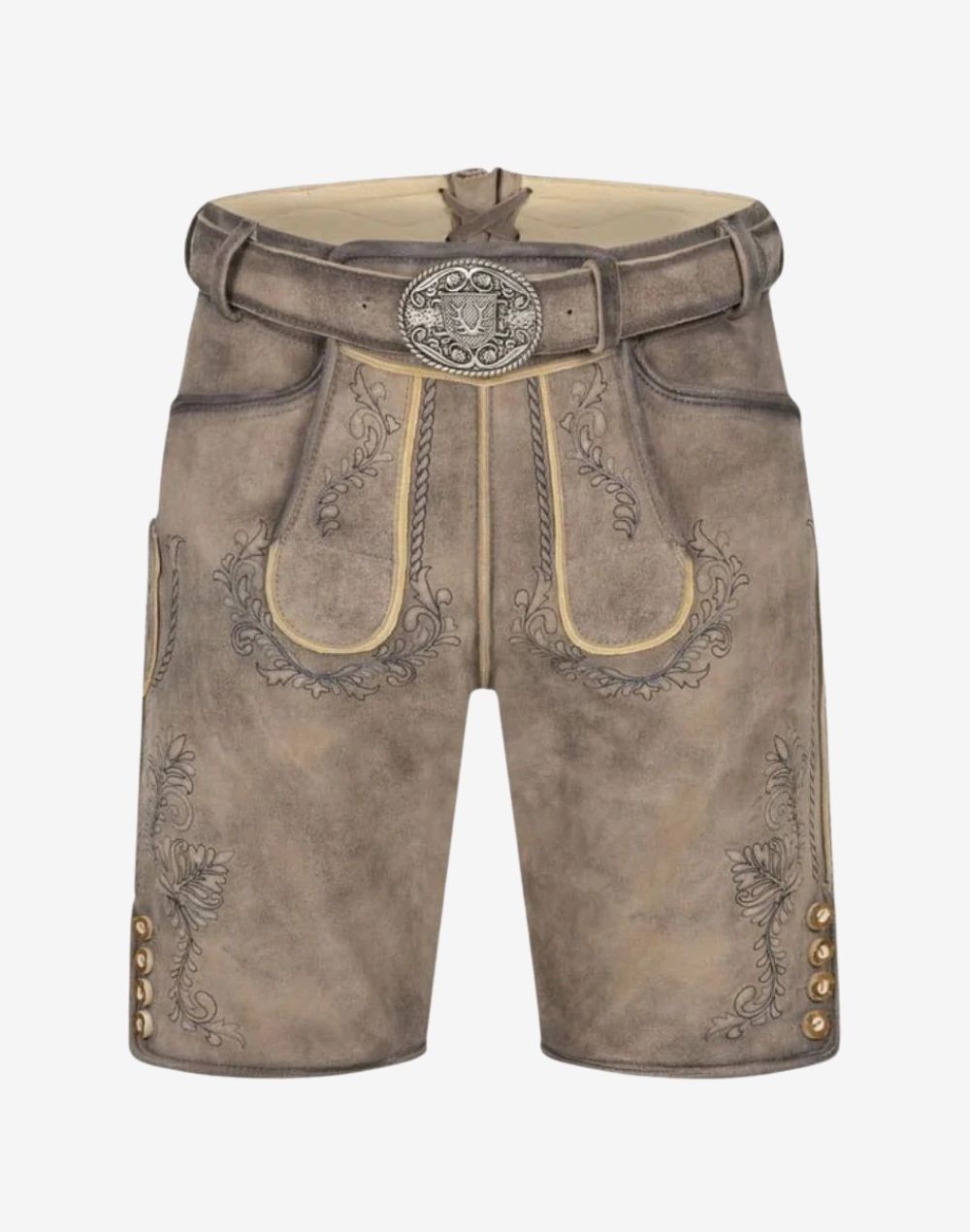 Genuine Leather Lederhosen Men gray suede shorts with embroidered bib flap belt buckle and side buttons
