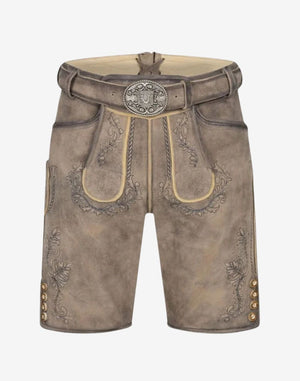 Genuine Leather Lederhosen Men gray suede shorts with embroidered bib flap belt buckle and side buttons