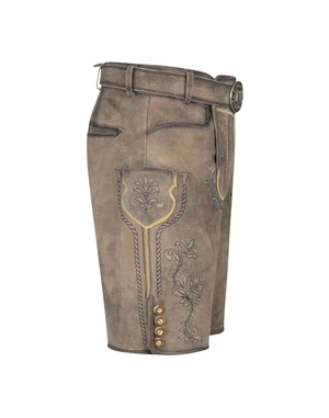Genuine Leather Lederhosen side profile showing pocket trim thigh embroidery and buttoned hem