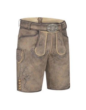 Close front angle of Men Genuine Leather Lederhosen highlighting bib panel piping metal buckle and embroidery