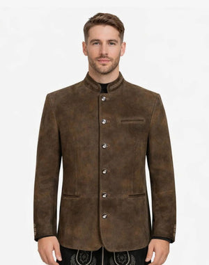 Man wearing a brown suede jacket on a white background