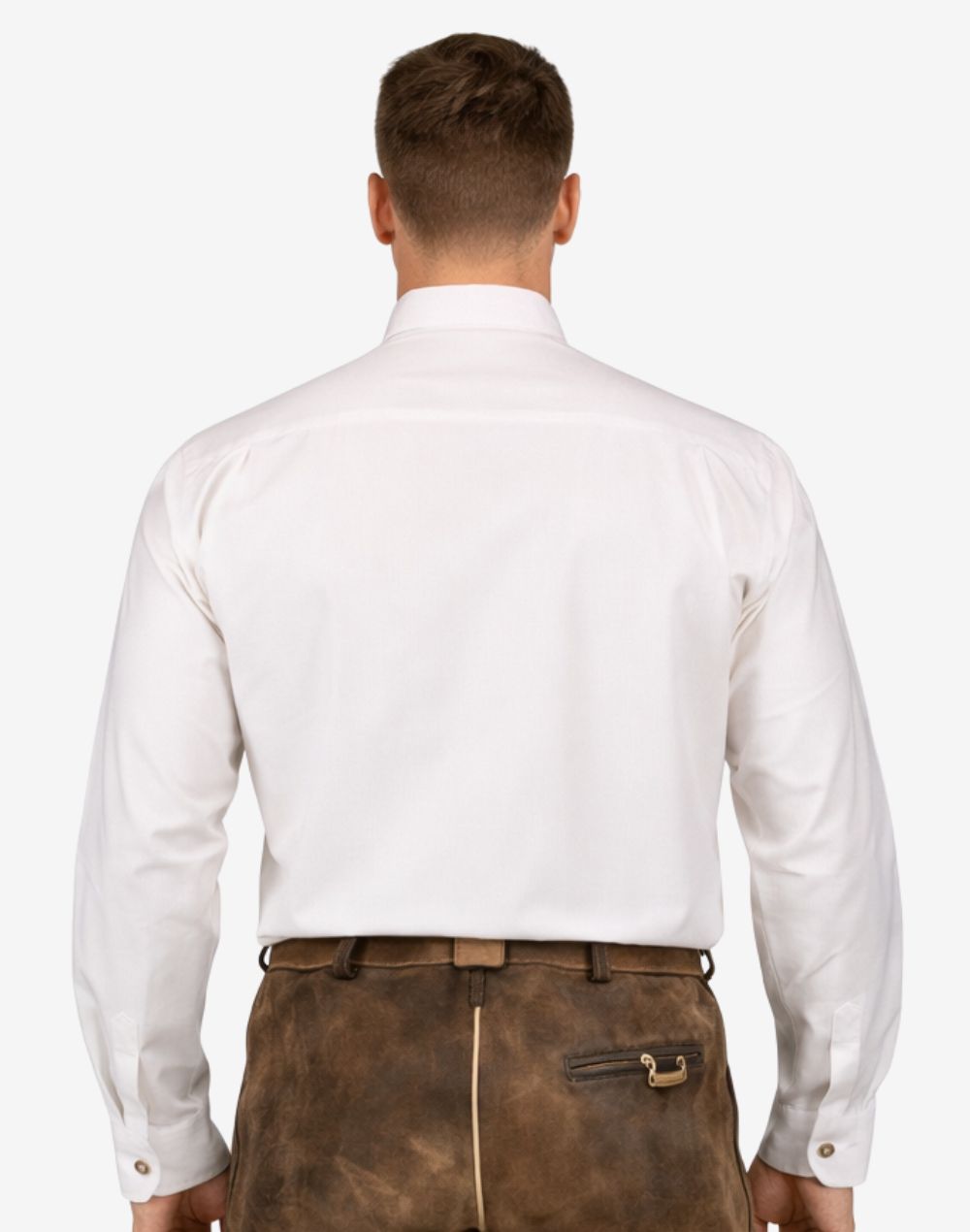 Model wearing German Traditional Shirts for Men back view highlighting smooth rear panel and traditional Bavarian tailoring