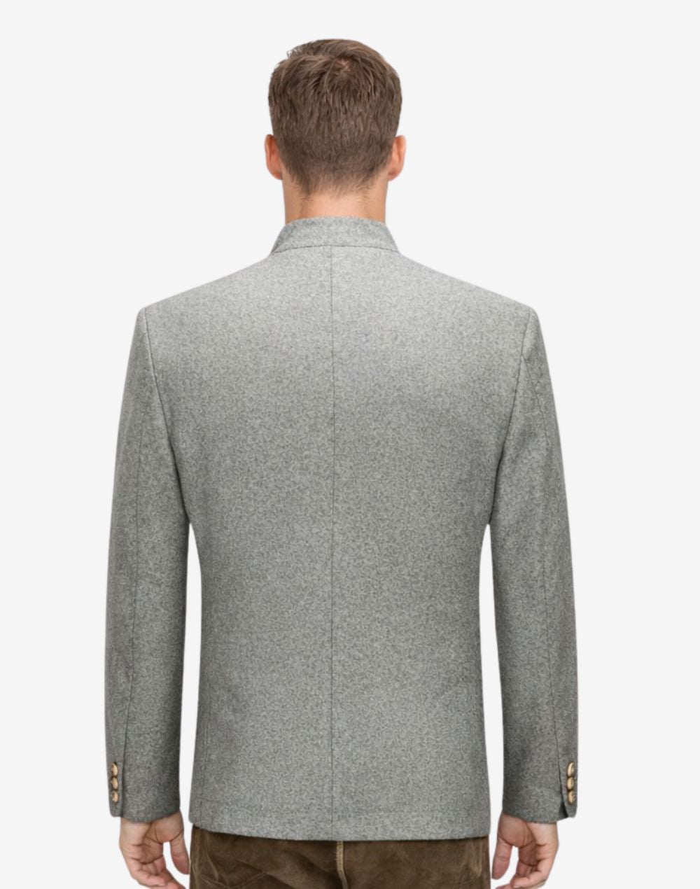 Back view of model wearing German Oktoberfest Jacket for Men showing tailored alpine fit and clean rear panel
