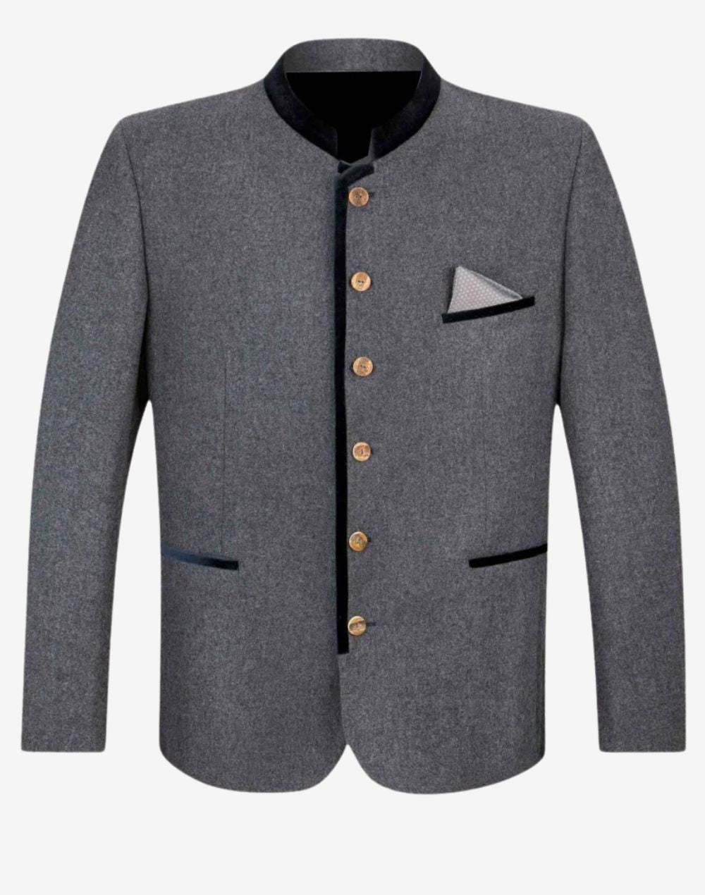 Front product view of grey Trachten jacket for men with stand collar, velvet trim and classic Bavarian tailoring.