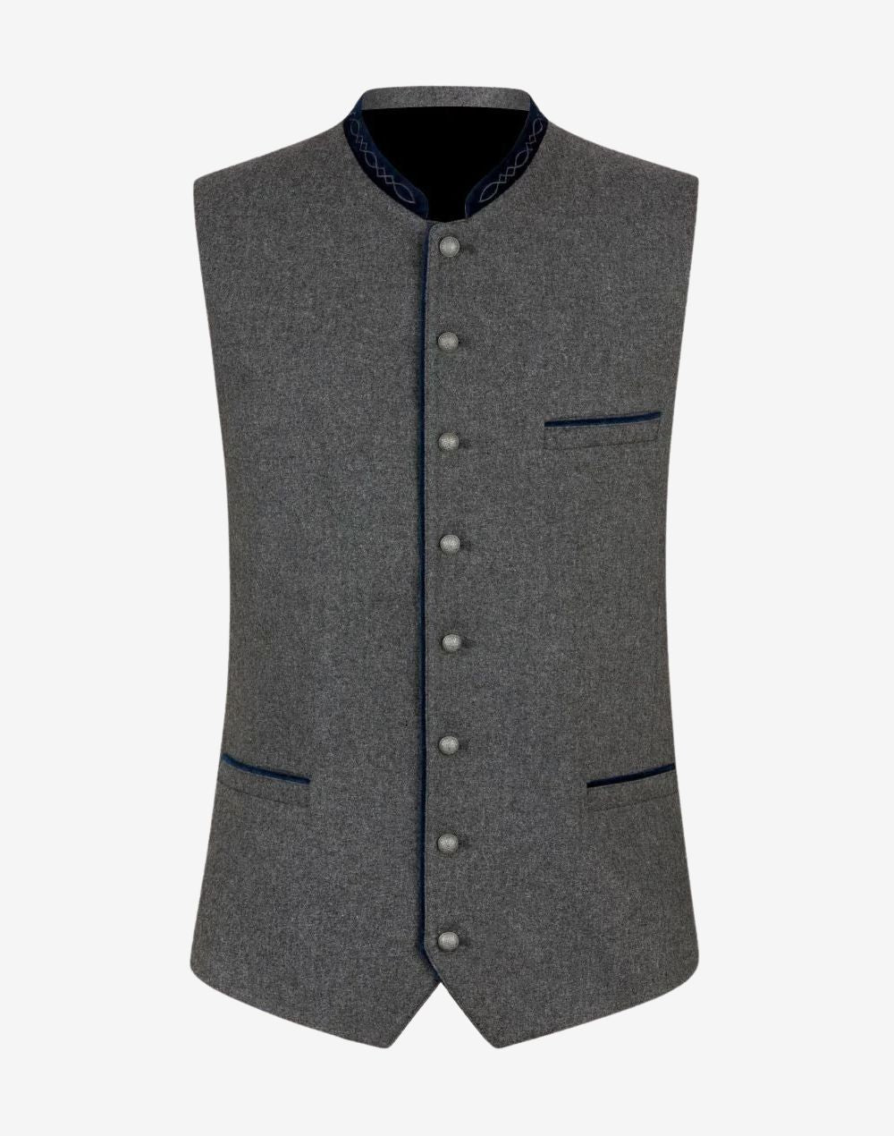 Front view of grey wool Trachten vest with blue piping featuring traditional Bavarian design, decorative horn buttons, and stand collar.