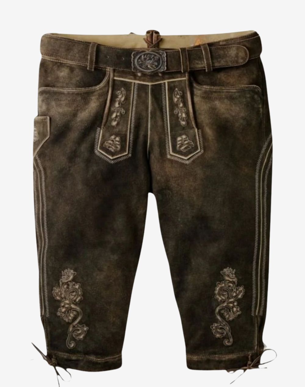 Front view of handmade Bavarian bundhosen for men featuring dark leather finish, traditional embroidery and classic knee-length design