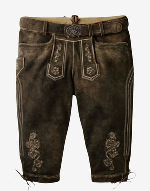 Front view of handmade Bavarian bundhosen for men featuring dark leather finish, traditional embroidery and classic knee-length design