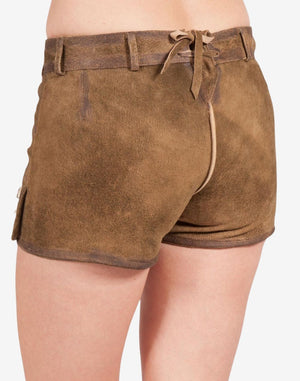 Back view of brown women’s Bavarian-style leather lederhosen shorts with an antique distressed finish, featuring a fitted waistband, belt loops, and adjustable back lace detail.