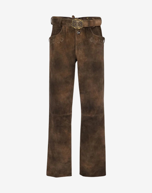 Brown leather pants with a belt on a white background