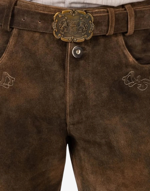 Brown suede pants with a decorative belt buckle on a white background