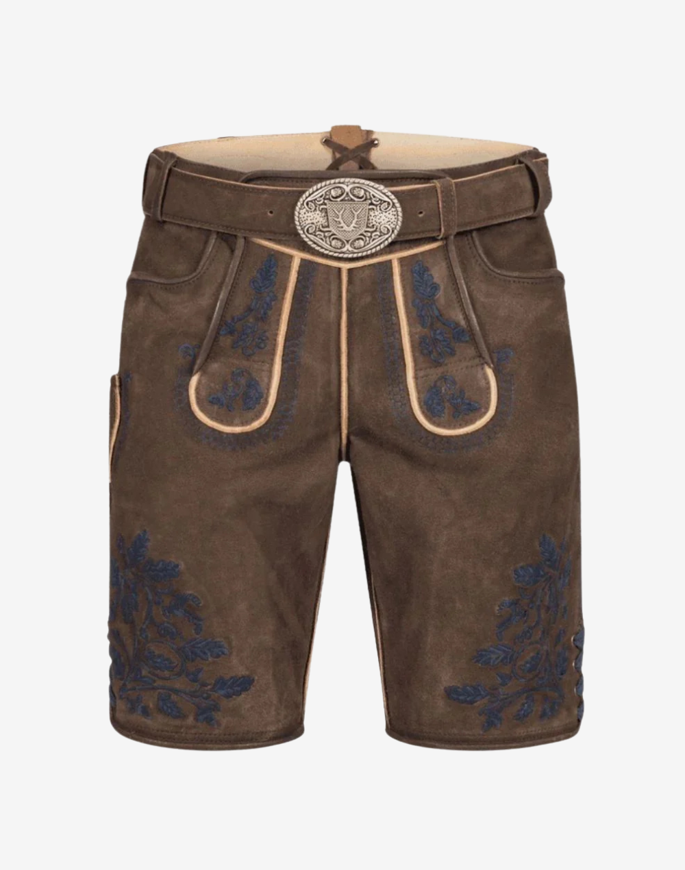 Heritage Line Lederhosen for Men brown leather shorts with blue floral embroidery, front bib panels, and ornate belt buckle