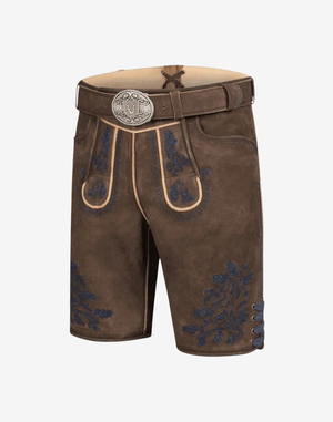 Heritage Line Lederhosen for Men three-quarter front view showing traditional Trachten cut, embroidered legs, and buckle belt closure