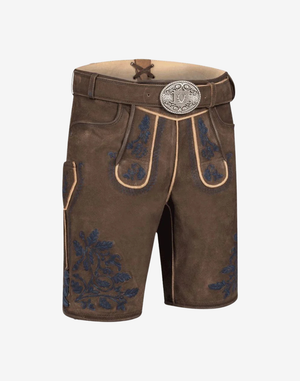 Heritage Line Lederhosen for Men angled front view with decorative belt buckle, bib embroidery panels, and blue floral stitching