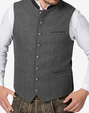 Front view of German wool waistcoat with horn buttons, traditional Trachten design, grey fabric, and classic Bavarian styling.