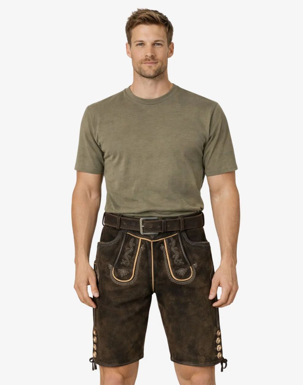 Man wearing a green t-shirt and brown leather shorts with a belt on a white background