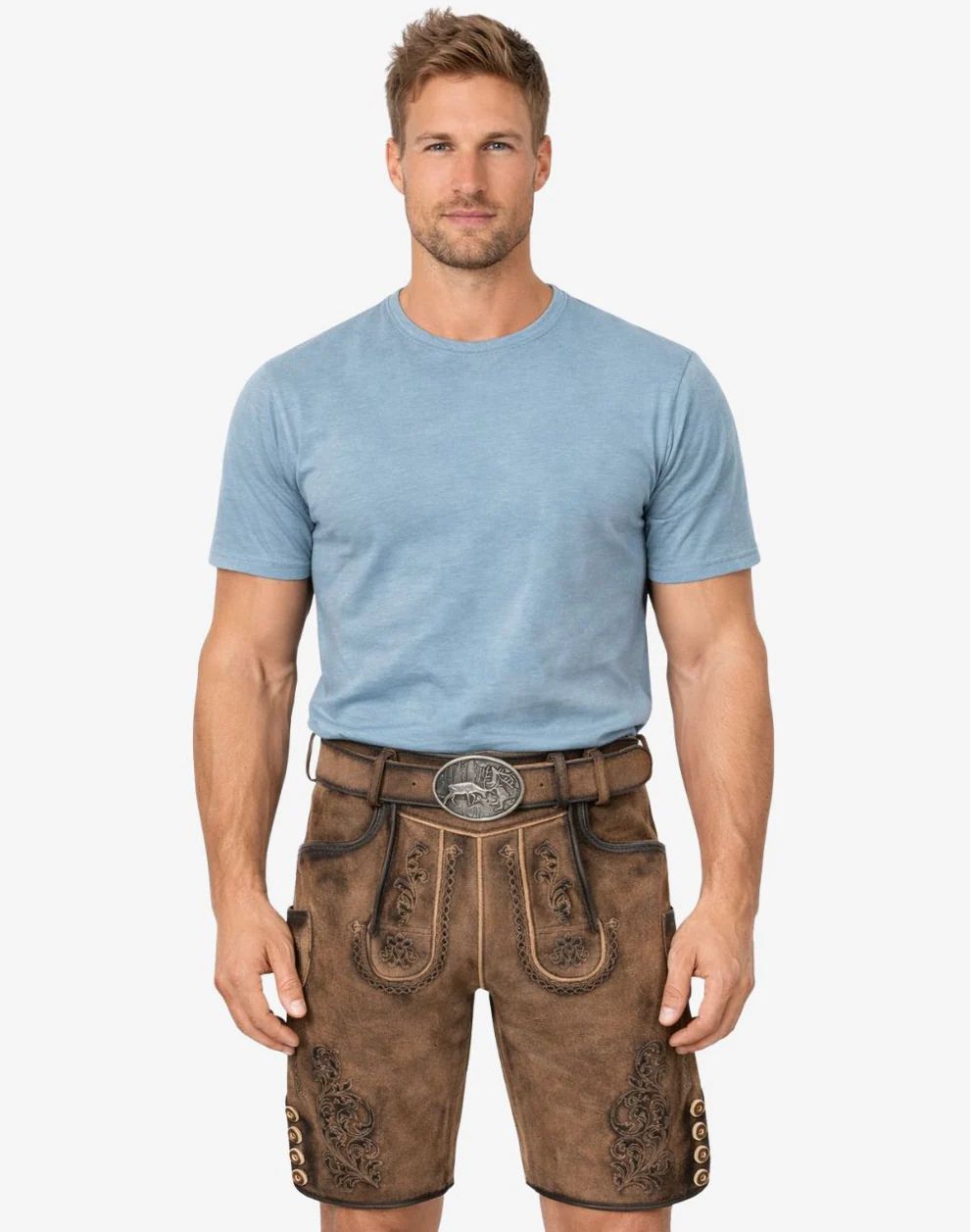 Man wearing a blue t-shirt and brown traditional shorts with leather accents on a white background