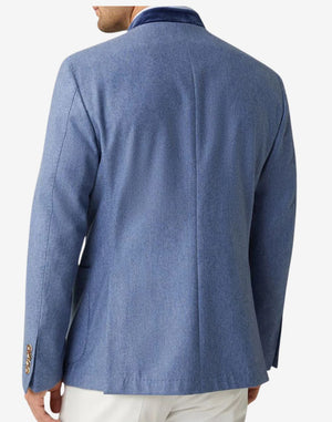 Back view of light blue wool Trachten jacket for men showcasing clean tailored silhouette, smooth wool texture, structured fit, and classic Bavarian traditional outerwear for Oktoberfest wear.