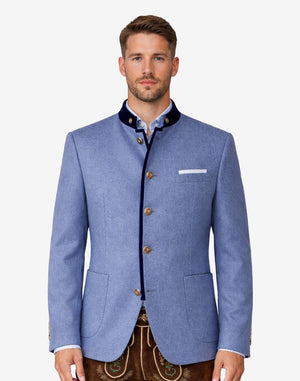 Front view of light blue wool Trachten jacket for men featuring traditional Bavarian design, stand collar with contrast trim, decorative buttons, tailored fit, and elegant Oktoberfest styling.