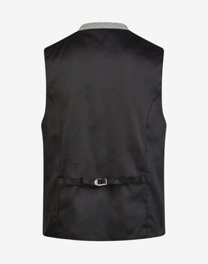 Back view of mens light grey wool Bavarian vest showcasing smooth fabric texture, adjustable strap, clean stitching and tailored silhouette for traditional German Trachten clothing.