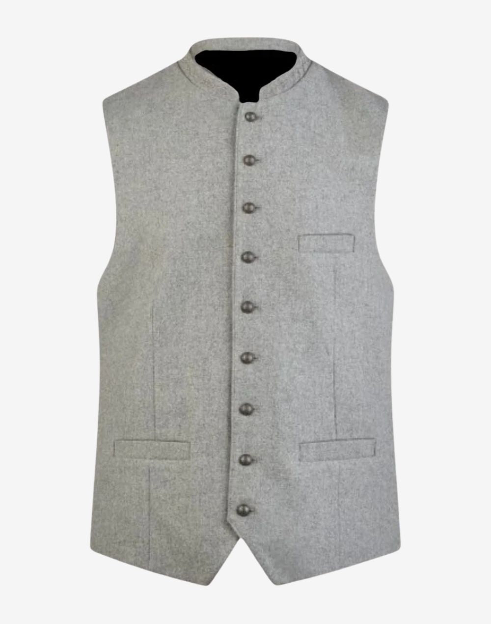 Front view of light grey wool Bavarian vest for men featuring premium wool fabric, traditional button closure, structured fit and authentic Trachten design ideal for Oktoberfest and alpine wear.