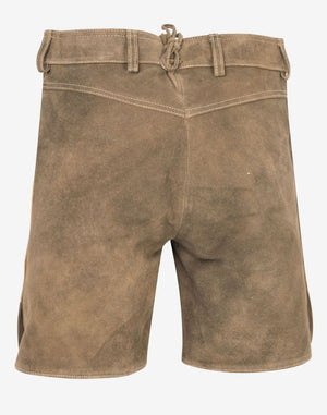 Back view of light tan suede women’s lederhosen shorts featuring a fitted waistband, belt loops, and adjustable back lace detail on a soft suede finish.