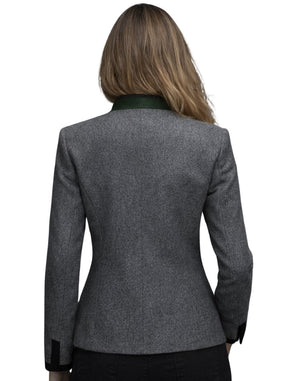 Gray blazer worn by a person on a white background