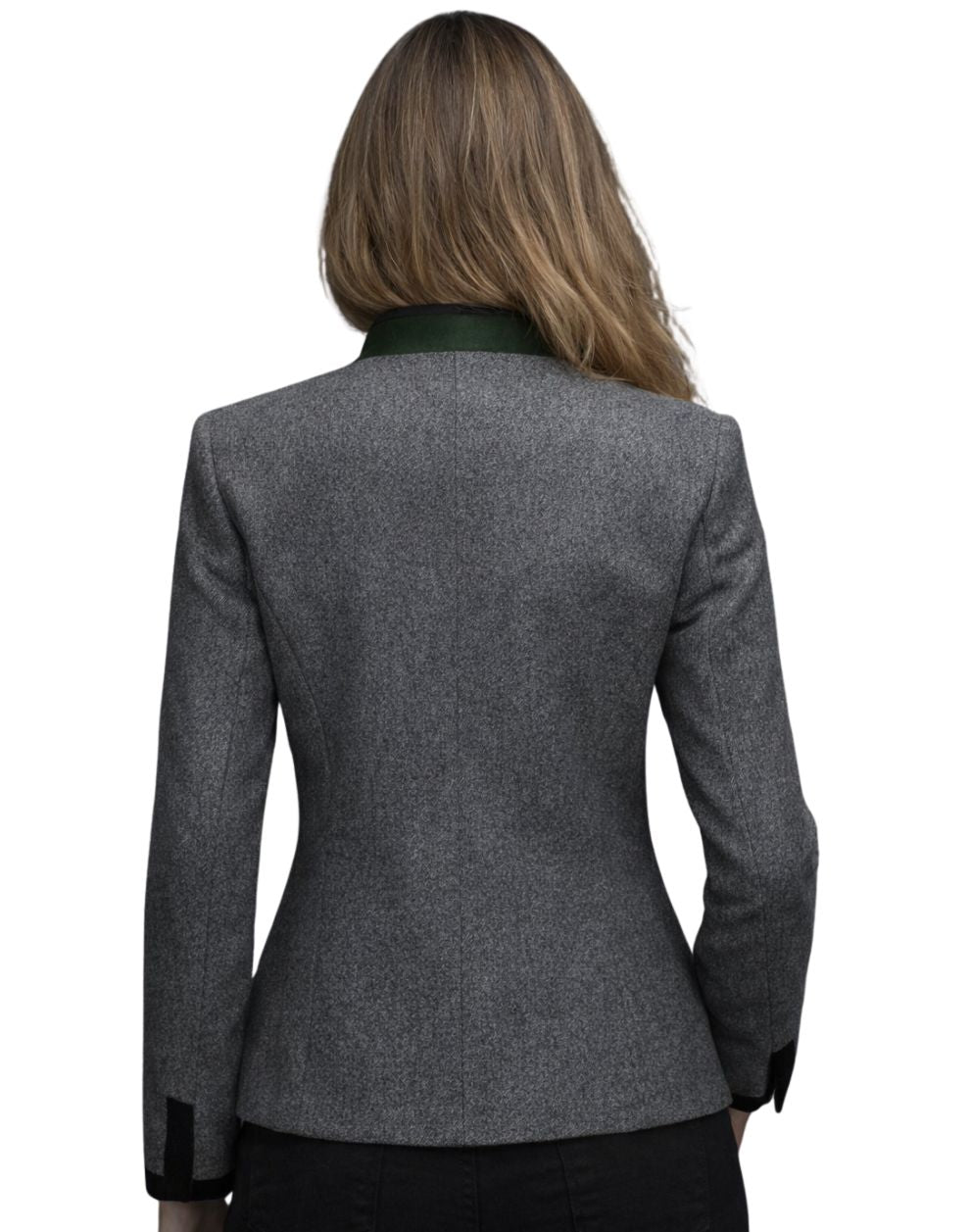 Gray blazer worn by a person on a white background