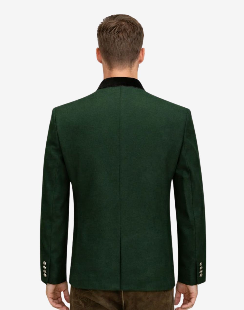 Back view of model wearing Luxury Bavarian Trachten Jacket showing tailored alpine fit and velvet collar detail