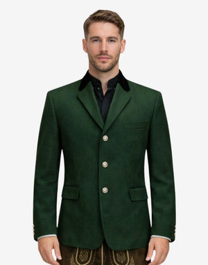 Front view of model wearing Luxury Bavarian Trachten Jacket in deep green with black velvet collar and silver buttons