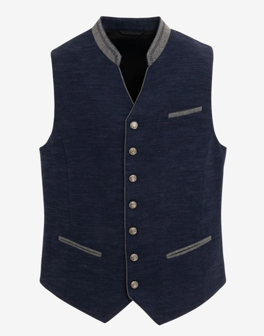 luxury Bavarian trachten vest for men featuring deep blue fabric, traditional buttons, stand collar and classic fit
