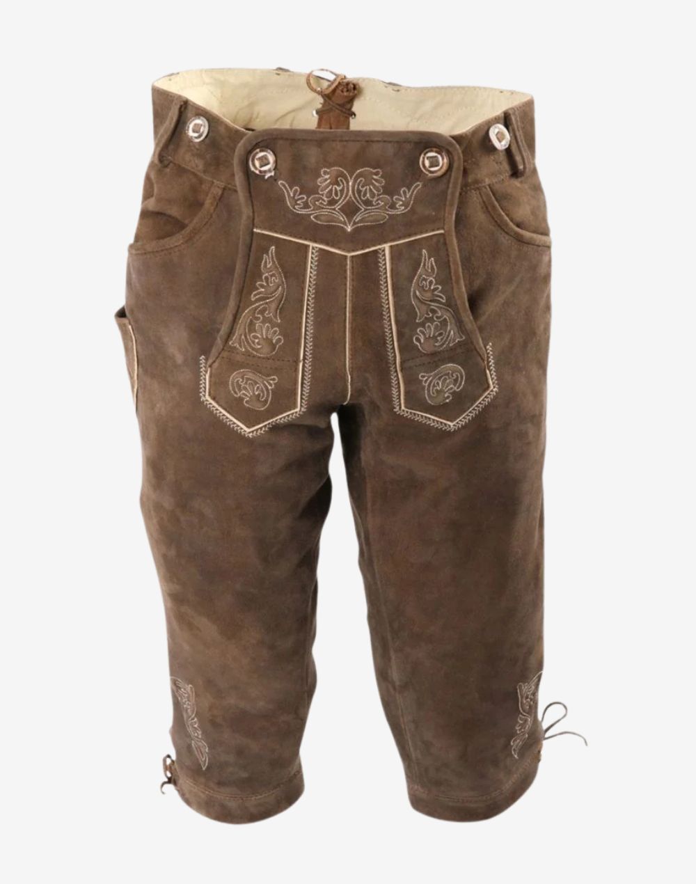 Front view of luxury leather bundhosen for men featuring premium brown leather, embroidered flap detail and traditional Bavarian knee-length style