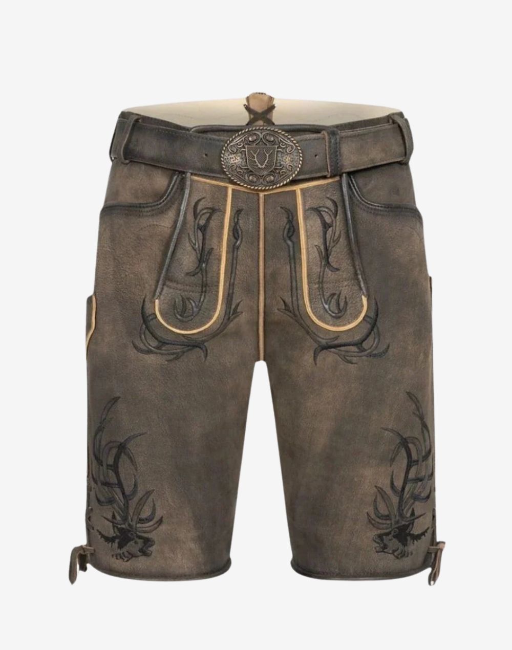 Luxury leather lederhosen for men charcoal grey bundhosen with antler embroidery and belt buckle