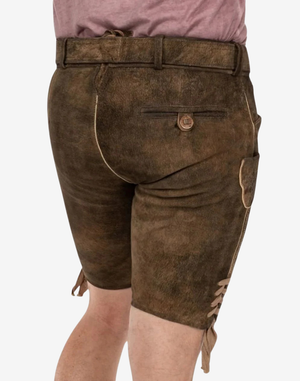 Men Alpine Champion Lederhosen back view with rear pocket button, curved seam stitching, and classic Trachten short cut