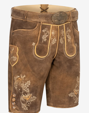 Men Bavarian Tan Lederhosen angled front view with bib embroidery panels, belt buckle closure, and decorative deer embroidery
