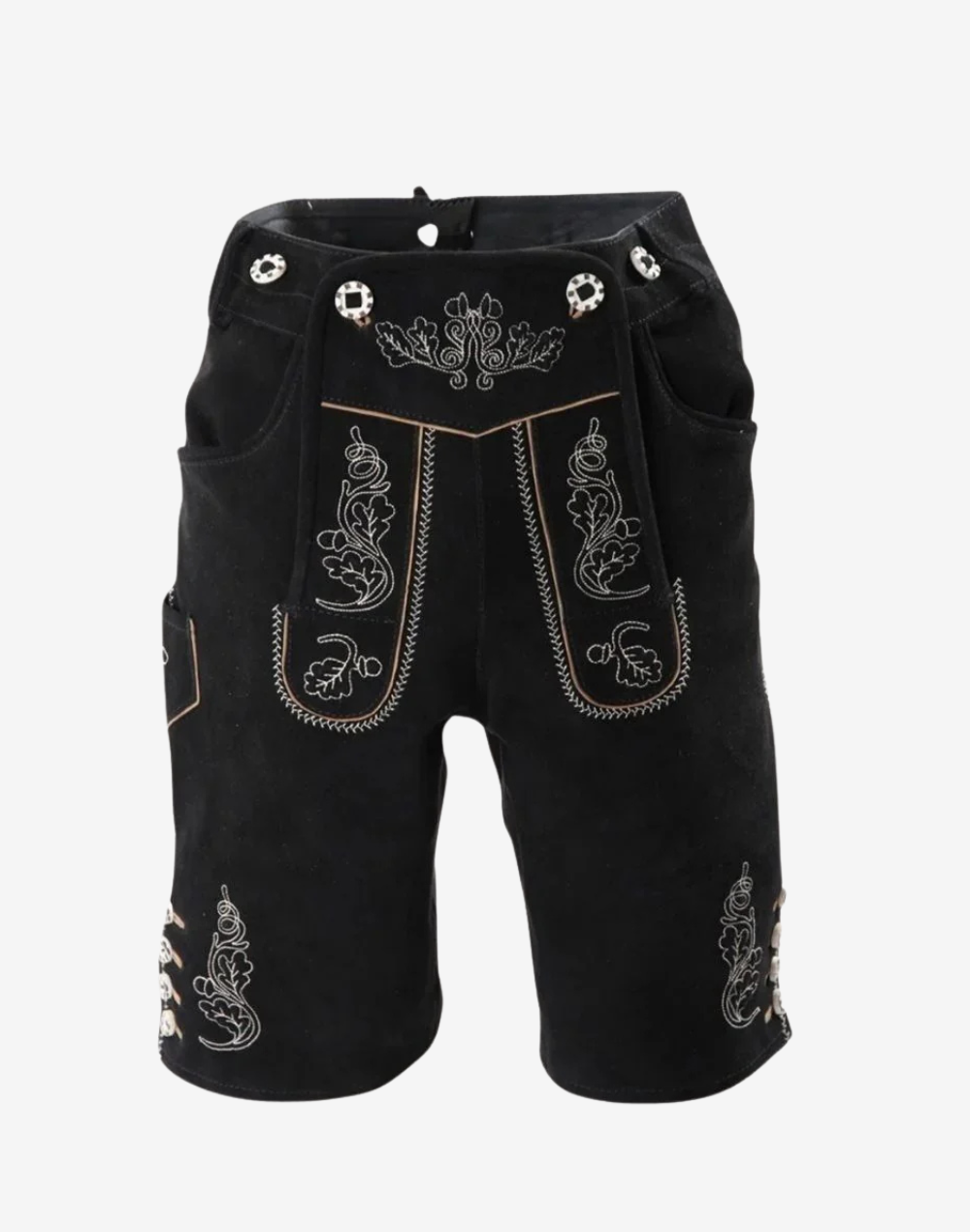 Black Trachten Lederhosen with embroidered bib panel, silver-tone buttons, and side pockets