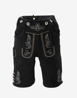 Black Trachten Lederhosen with embroidered bib panel, silver-tone buttons, and side pockets