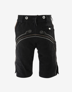 Men Black Trachten Lederhosen back view with curved contrast stitching, rear pockets, and traditional Bavarian-style detailing