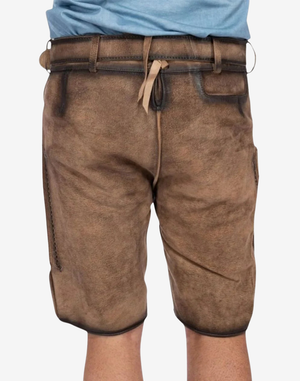 Men Forest Scene Suede Lederhosen back view showing classic short cut, rear seam detailing, and adjustable waist lace tie