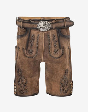 Men Forest Scene Suede Lederhosen brown suede leather shorts with forest scene belt buckle, embroidered front bib, and ornate leg detailing