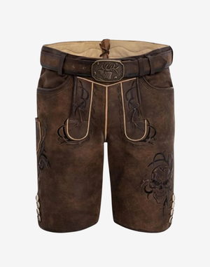 Men Festday Classic Lederhosen dark brown leather shorts with deer buckle belt, embroidered front bib, and traditional styling