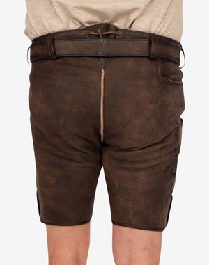 Men Festday Classic Lederhosen back view showing classic leather short cut, rear seam stitching, and adjustable belt fit