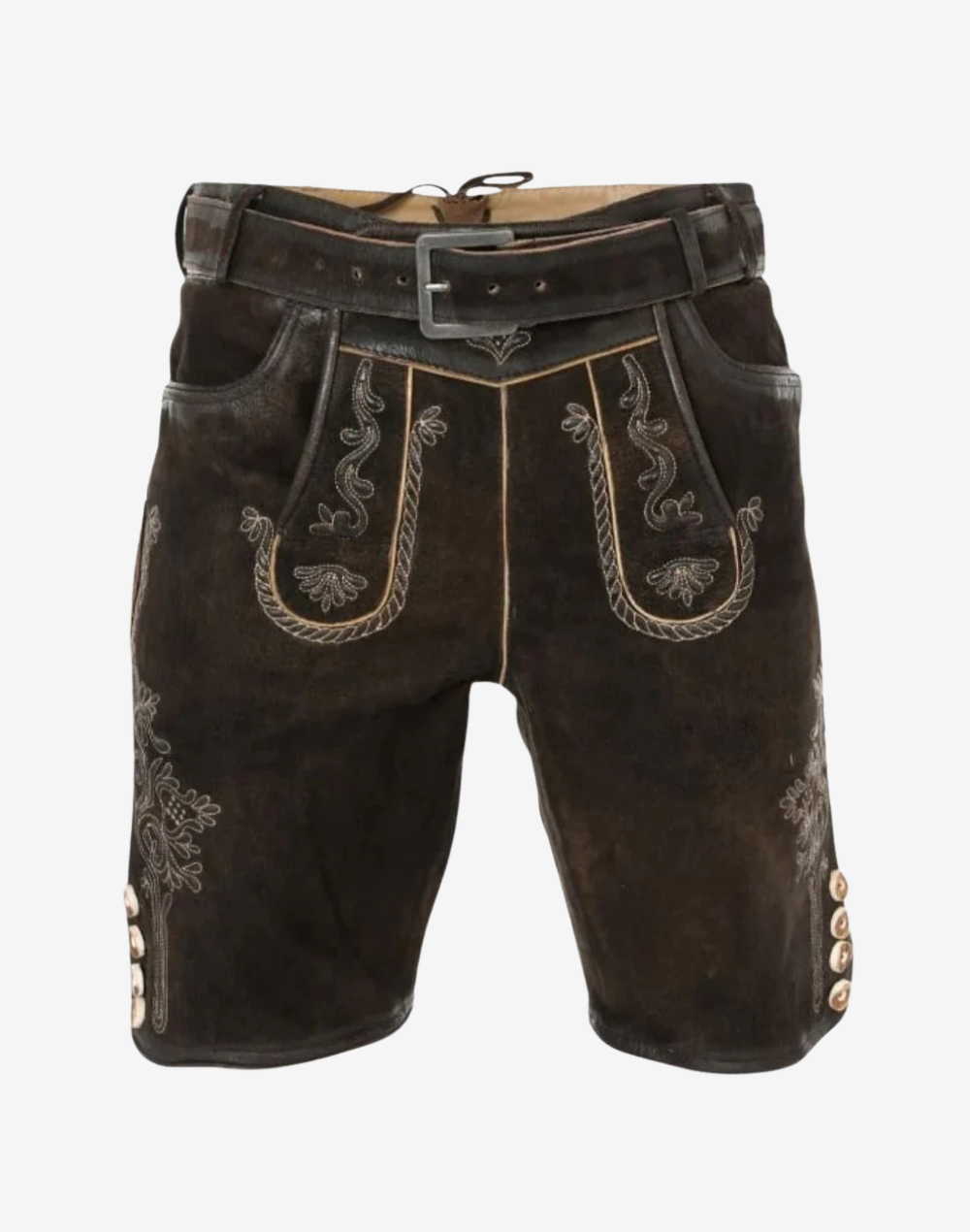 Men Regal Crest Lederhosen traditional Trachten shorts in dark brown with embroidered front bib and adjustable belt