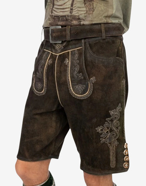 Men Regal Crest Lederhosen worn on model, front angle showing classic bib embroidery, belt buckle, and side pockets