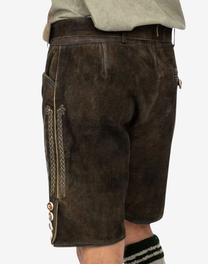 Men Regal Crest Lederhosen back view on model with traditional Trachten cut, rear seams, and side button accents