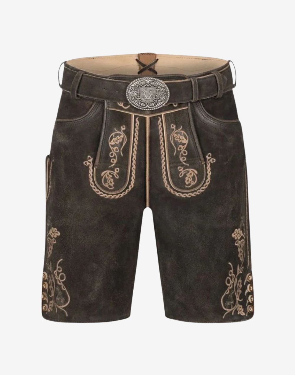 Men Suede Charcoal Lederhosen in dark suede with embroidered bib, contrast piping, and belt buckle