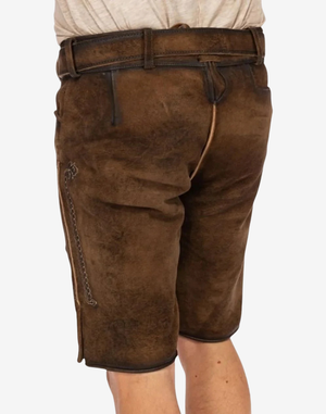 Men Vintage Brown Lederhosen back view with classic short cut, rear seam shaping, and adjustable belt fit