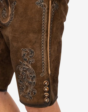 Men Vintage Brown Lederhosen close-up of thigh embroidery stitching and button accents on vintage brown suede leather