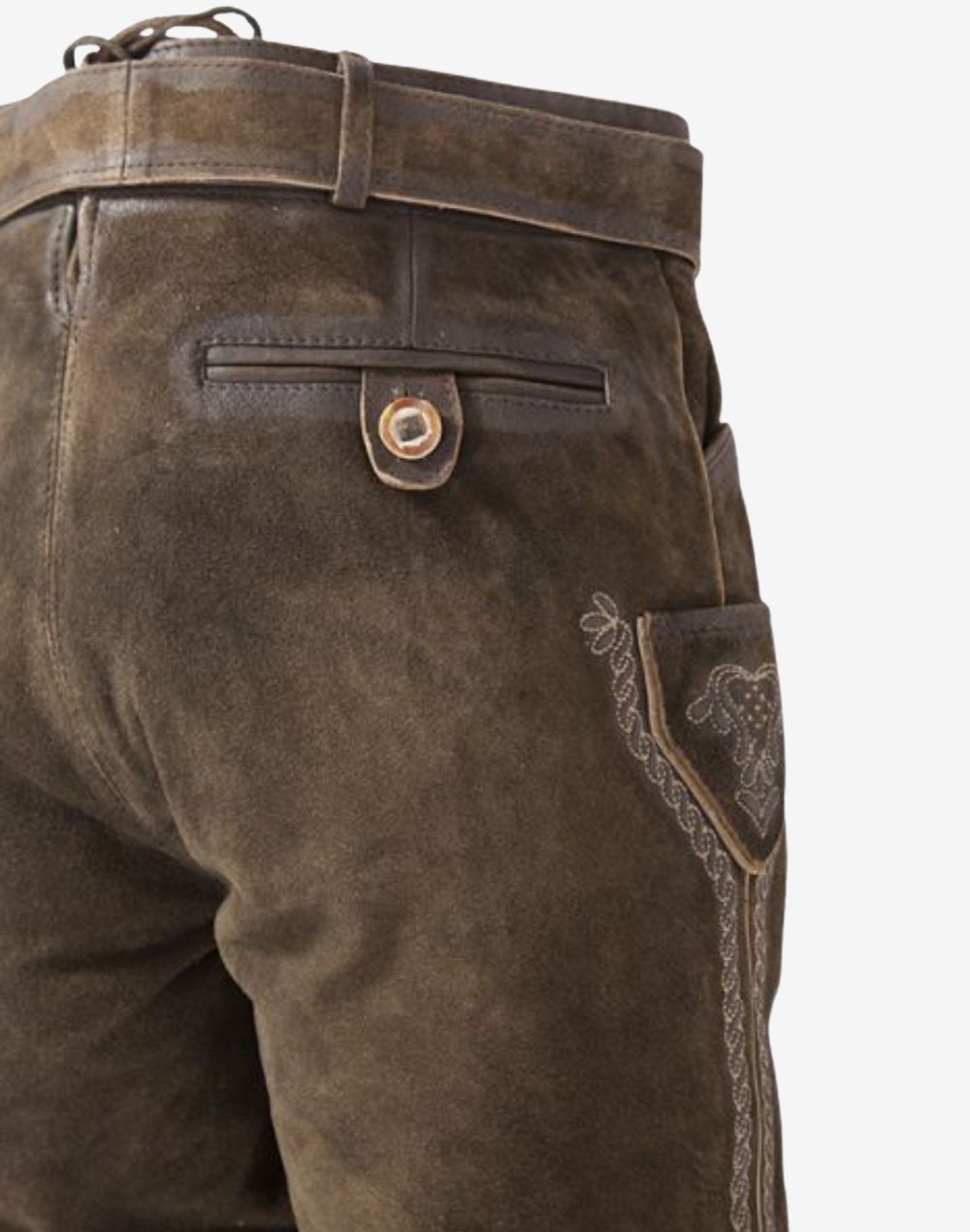Rear detail of mens German bundhosen showing buttoned back pocket, side embroidery and aged leather texture with traditional alpine stitching.